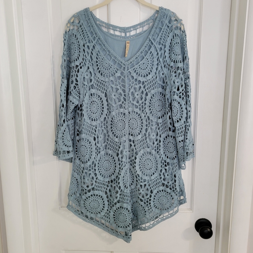 XCVI Womens Crocheted Tunic Top Size 1 (U.S. 2) Boho Hippie Asymmetric Hem Lined